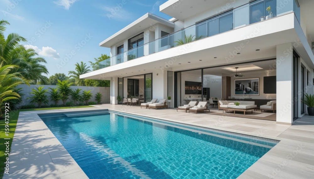 Fototapeta premium Luxury Poolside Villa: Modern Architectural Paradise