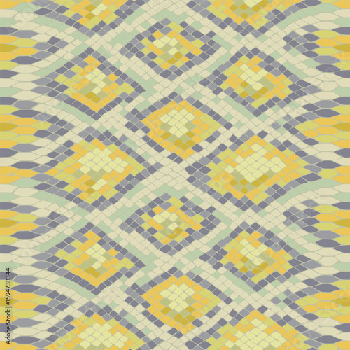 Snake skin yellow and gray colors. Reptile camouflage pattern for fabric design. Animal print, seamless python leather texture. Abstract background. Vector wallpaper