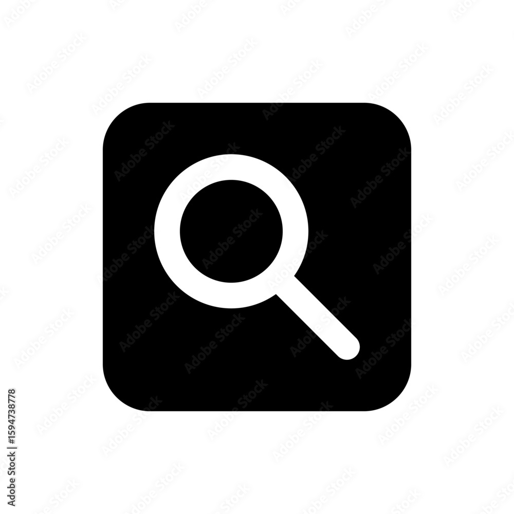 Illustration of a white magnifying glass icon inside a black rounded square for search and discovery use Illustration of a white magnifying glass icon inside a black rounded square for search and discovery use