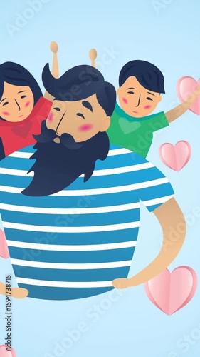 Animation of family embracing on blue background