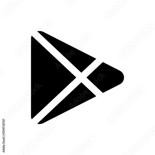 Black play button with white lines forming an x shape inside, isolated on a white background for app stores