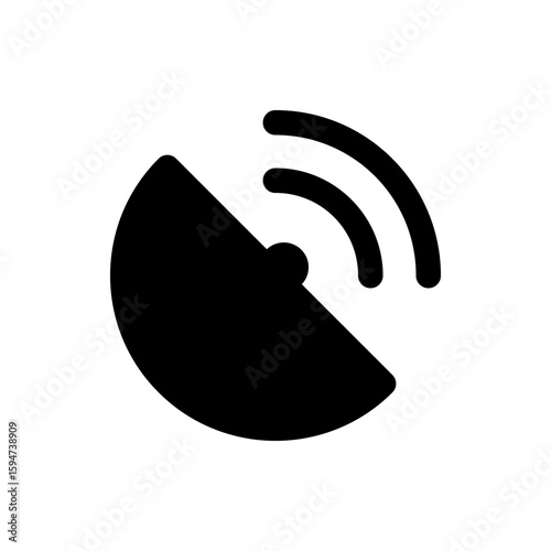 Black satellite dish with two curved lines representing signal waves on a white background design element