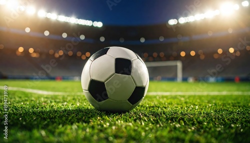 Close Up of Football on Midfield of Green Stadium Pitch Ready for Match