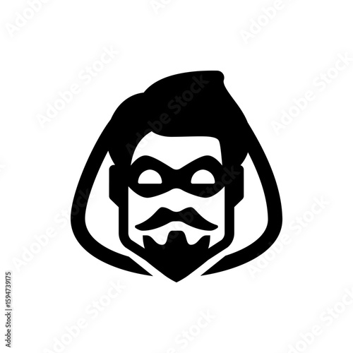 Illustration of a masked vigilante with a hood, mustache, and beard in a minimalist black and white style