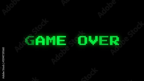 game over with green glowing pixels text animation. 4k resolution.