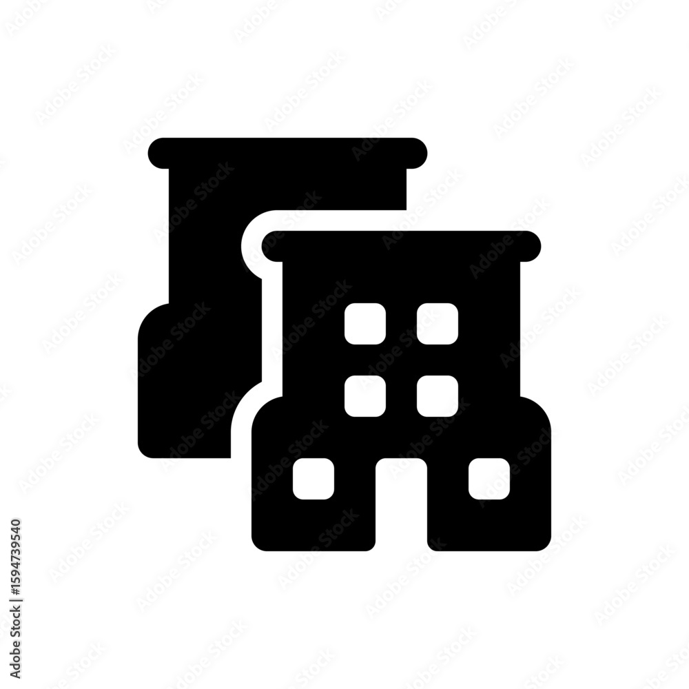 Illustration of two black buildings with rounded corners and white outlines on a white background Illustration of two black buildings with rounded corners and white outlines on a white background