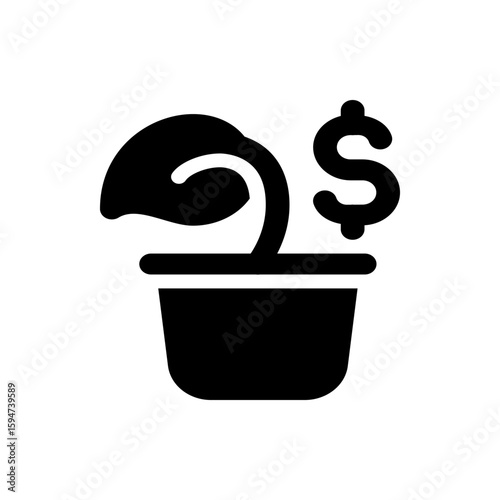 A black and white illustration of a plant growing in a pot with a dollar sign next to it symbolizing growth
