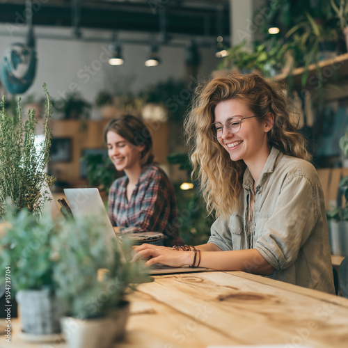 Two young women working on laptops in a bright, plant-filled coworking space.