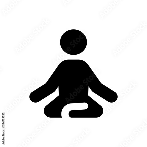 A simple black silhouette of a person in a lotus position meditating on a plain white background space