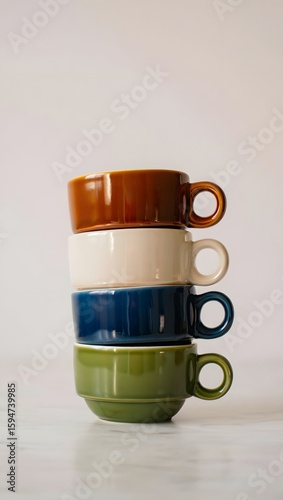4 Coffee cup with saucer and stack of mugs on table
