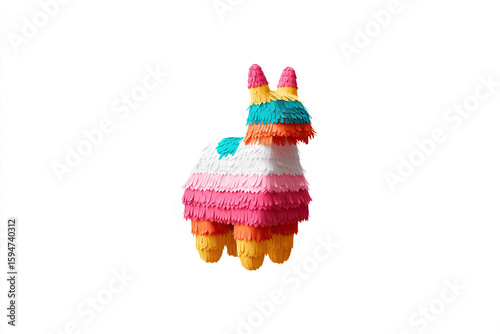 Whimsical party decoration: A playful, fringed animal piñata, vibrant with layered colors, stands out against a clean, white backdrop.