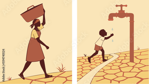 Illustration depicting water scarcity with woman carrying water and boy at a dripping tap