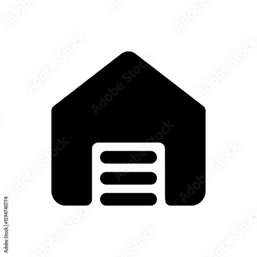 Illustration of a black storage building with three horizontal lines on the bottom right side design icon