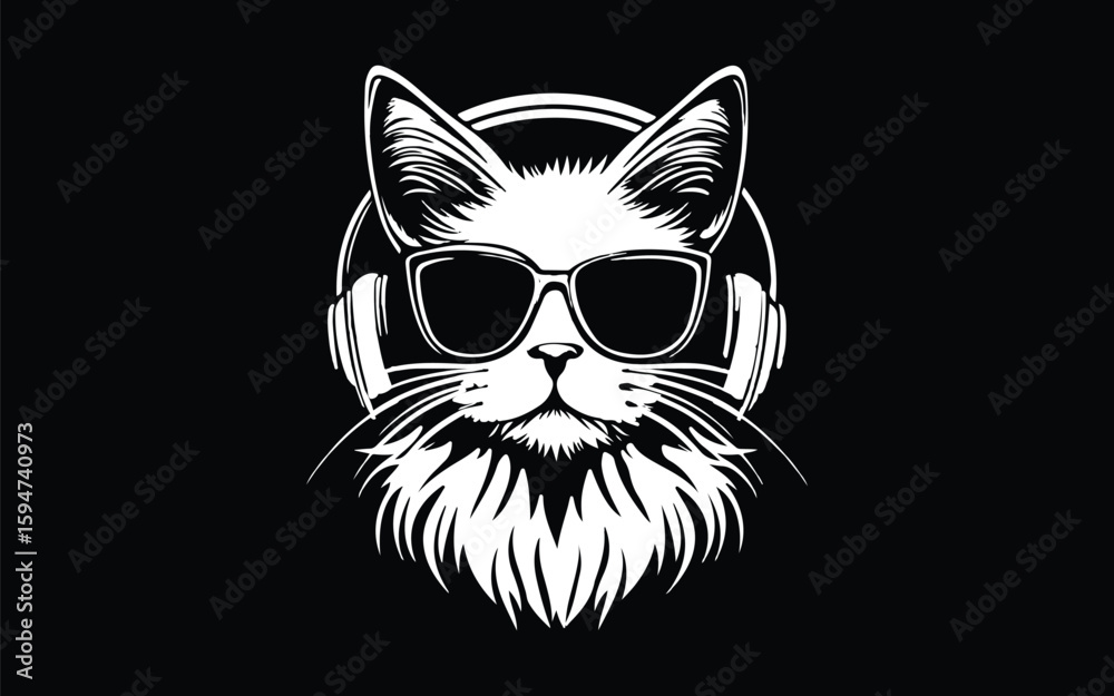 Fototapeta premium Cool Cat DJ Logo with Headphones and Sunglasses Minimalist Music Icon Design