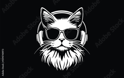 Cool Cat DJ Logo with Headphones and Sunglasses Minimalist Music Icon Design