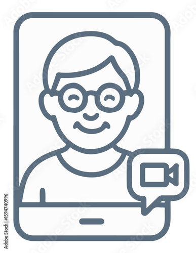 Flat Vector Icon of a Senior on a Video Call Displayed on a Tablet Screen. Elderly Person Communicating Online via Modern Technology in a Minimalist Digital Illustration.