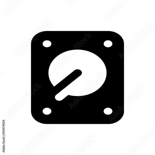 Illustration of a black hard drive with a white disc and arm, featuring four white circular accents