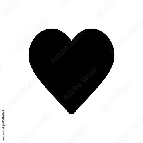 Illustration of a solid black heart shape with smooth curves and a pointed bottom on a white background plain