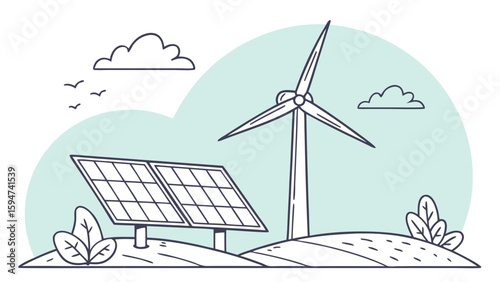 Solar Panels and Wind Turbines in Nature's Landscape Illustrating Clean Technology Concept
