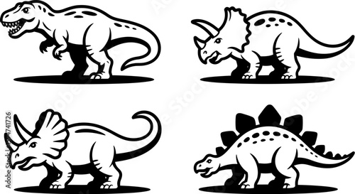 Four distinct dinosaur illustrations in a classic black and white style