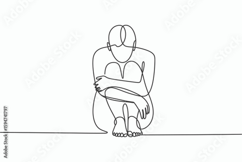 Single line drawing of a woman sitting with arms crossed