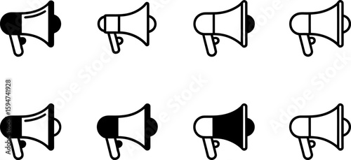 Collection of eight megaphone icons in black and white with radiating sound waves