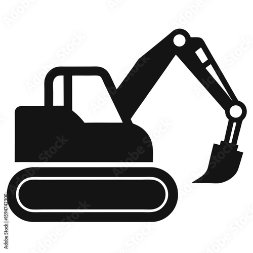 An excavator used in construction or mining sites black and white vector icon on white background.