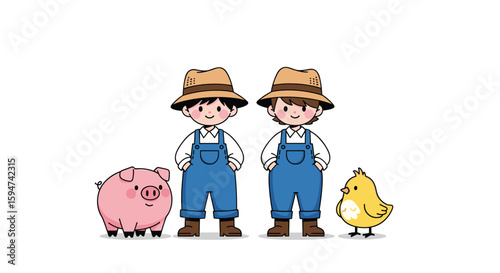 Two cheerful farmers in overalls and hats with a pig and a chick standing beside them