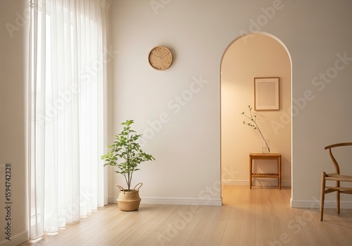 Bright and minimalist living room with Japandi style decor, natural light, and wooden furniture. Serene home interior background with copy space.