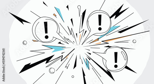 Explosion of ideas creative design with warning symbols and geometric shapes energetic visual communication concept
