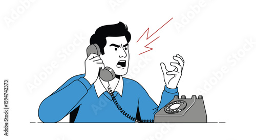 Frustrated man yelling angrily into vintage telephone gesturing wildly during a difficult conversation
