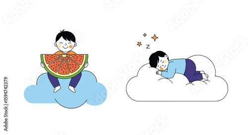 A young boy enjoys a slice of juicy watermelon while sitting on a fluffy cloud and then he sleeps peacefully on another cloud with birds flying above