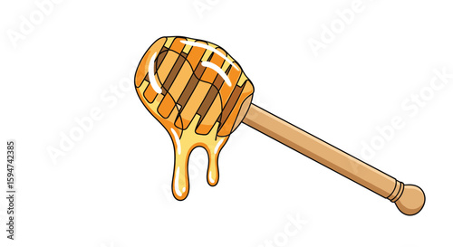 Sweet golden honey dripping from a wooden dipper for your breakfast delights