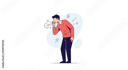 Illustration of a man coughing and spreading germs with invisible particles flowing outward