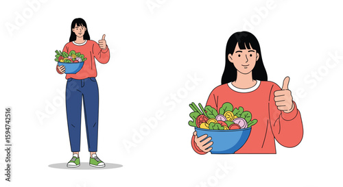 Healthy eating lifestyle vibrant woman holding bowl with fresh vegetables and thumbs up promoting nutritious food choices