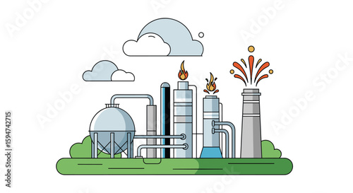 Modern chemical processing facility with industrial flare stack and distillation columns operations