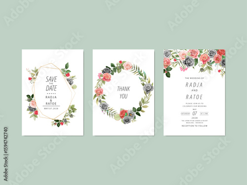 elegant rosses watercolor wedding invitation card set