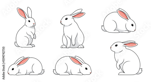 Charming collection of cute white rabbits depicted in various playful poses for whimsical designs