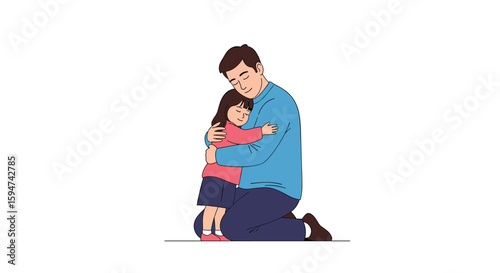 A father gently hugs his small daughter showing his affection and care on a white background