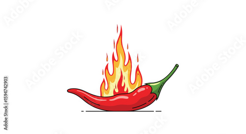 Fiery red chili pepper ignited with intense flames of spicy heat and flavorful gusto