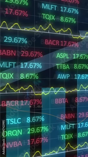 Stock market data and trends animation over financial charts and graphs