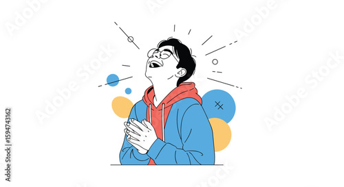 Young man expressing joy and gratitude with hands clasped in prayer and a radiant smile