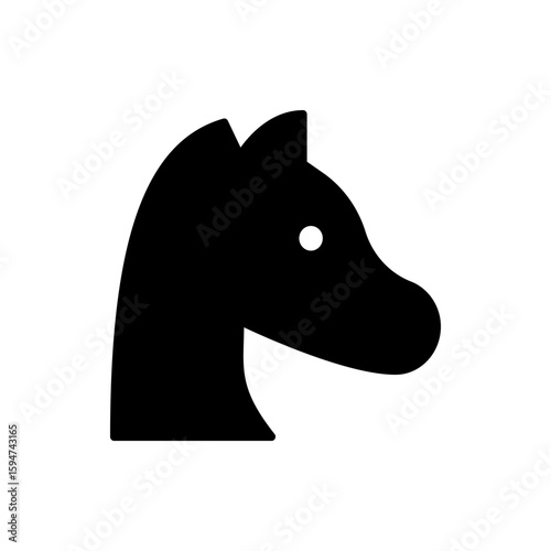 Silhouette of a horse head in black with a white dot representing the eye on a white background plain view