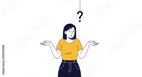 Woman expressing uncertainty or confusion with open hands and question mark overhead illustrating doubt