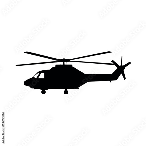Modern helicopter flying with top rotor blades Silhouette Vector illustration