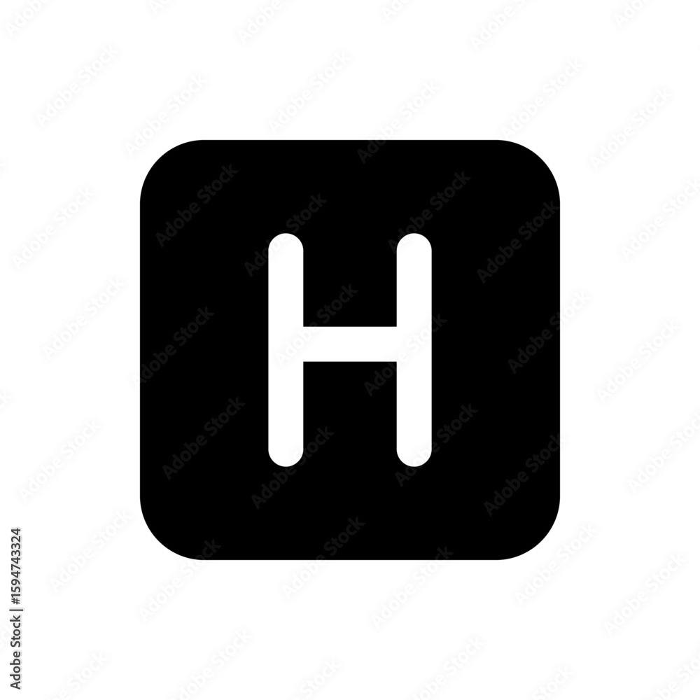 Letter h in white on a black rounded square sign for hospital or hotel identification and navigation use
