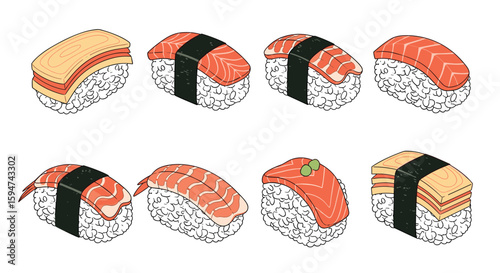 Delicious assortment of japanese sushi nigiri and egg omelet rice rolls captured in a charming hand drawn style