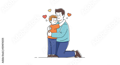 Father embracing his beloved son showing affectionate bonds between family members with hearts floating above them joyful relationship moments shared between parent and child