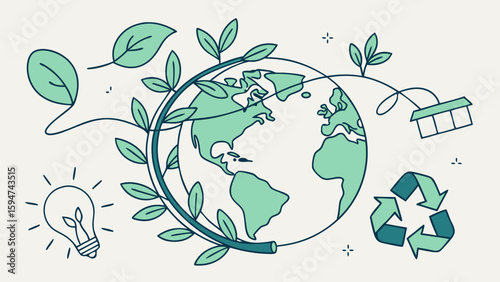 Eco-Friendly Practices for a Greener Planet, Illustrated Conceptual Art, Minimalist Environment