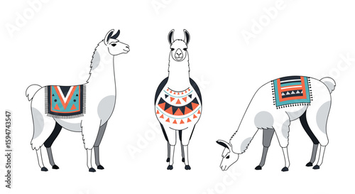 Three artistic llamas displaying different views and colorful andean textile designs for decorative purposes